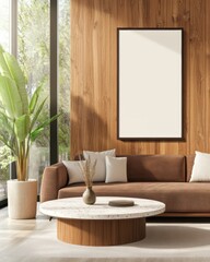 Cozy modern living room, rectangular frame mockup on rich walnut paneled wall, deep brown boucle sofa, terrazzo coffee table, soft LED backlighting