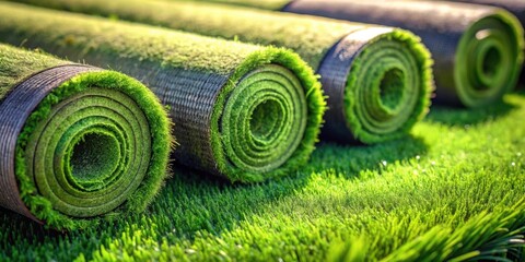 Rolled artificial turf ready for installation on a grassy field