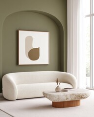 Elegant living room, large rectangular frame mockup on olive green accent wall with arched backlit niche, curved boucle sofa, sculptural stone coffee table