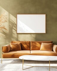 Elegant minimalist living room, rectangular frame mockup on olive green textured wall with recessed LED lighting, warm caramel velvet sofa, terrazzo coffee