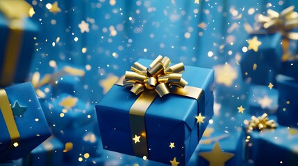 Blue Gift Box with Gold Ribbon and Stars on a Sparkling Background