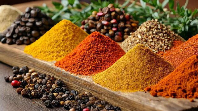 Colorful assortment of spices in wooden tray with herbs in background