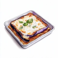 A tray of lasagna with eggplant and mozzarella, vegetarian classic, artistic pencil drawing, layered purple and white tones, isolated on white background