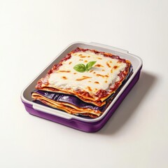 A tray of lasagna with eggplant and mozzarella, vegetarian classic, artistic pencil drawing, layered purple and white tones, isolated on white background