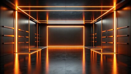 Modern Dark Room with Orange Neon Lights and Reflective Floor