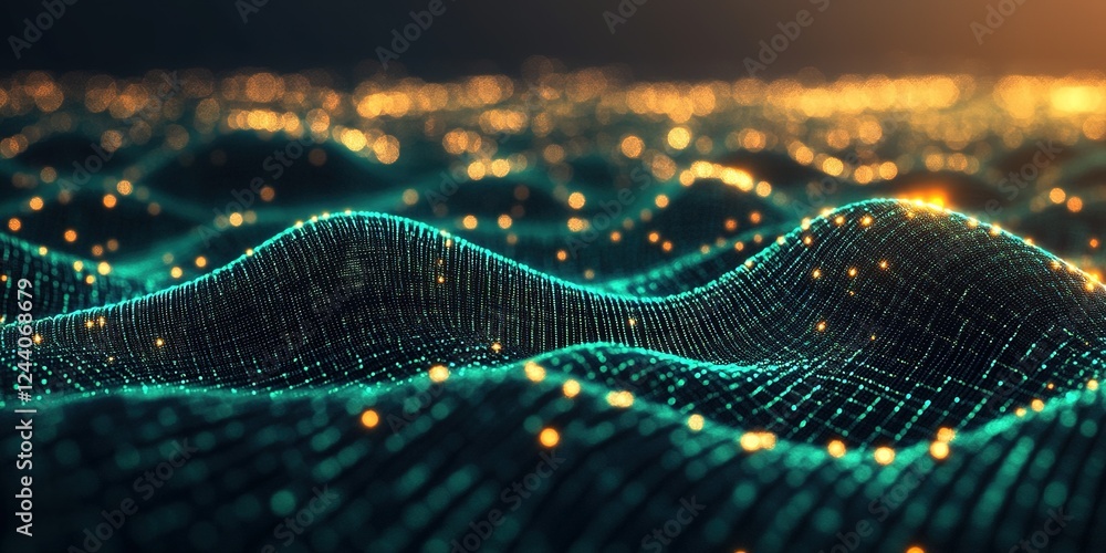 Poster visual representation of digital waves with glowing particles in a futuristic landscape at dusk
