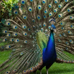 Naklejka premium Colorful Peacock Displaying Its Feathers – A magnificent peacock standing in a lush garden, fanning out its iridescent blue and green tail feathers in full display.