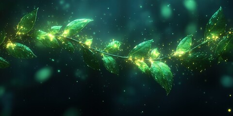 Fototapeta premium Glowing green leaves with magical particles in a serene dark forest