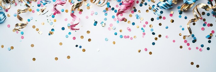 A creative layout of circular confetti and metallic streamers forming playful spirals on a white surface