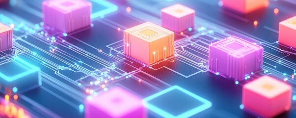 Fototapeta premium A vibrant digital landscape featuring glowing cubes and interconnected lines, symbolizing technology and innovation.