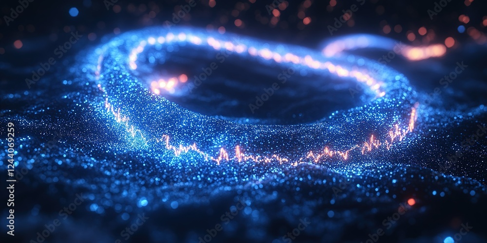Poster visual representation of a glowing data wave undulating through a dark digital landscape at night