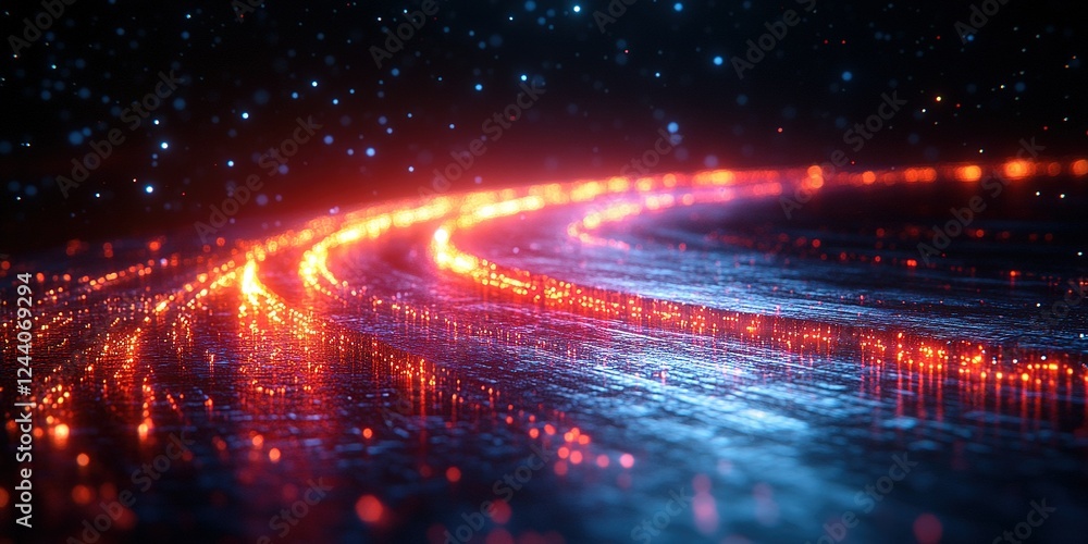 Poster vibrant trails of light illuminate a shimmering surface in a dynamic display of color and motion at 