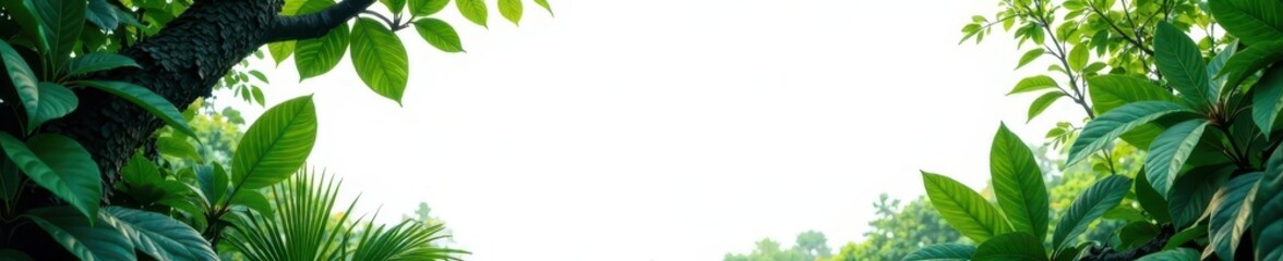 Dense jungle scene with abundant vines & leaves, stark white backdrop , flora, biodiversity