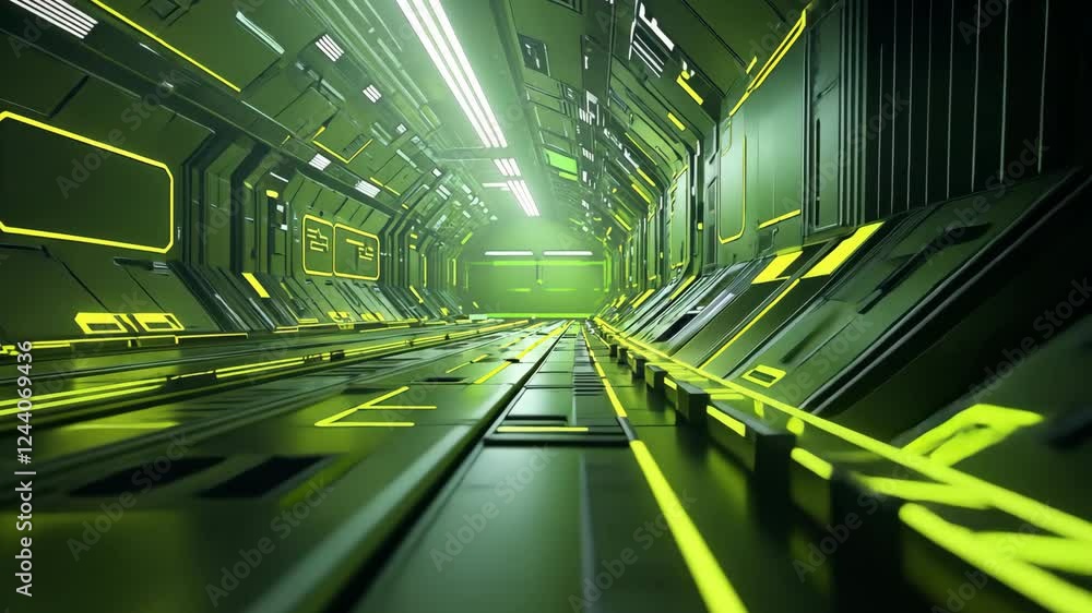 Poster futuristic corridor with neon lights and metallic walls sci fi perspective on depth and modernity, f