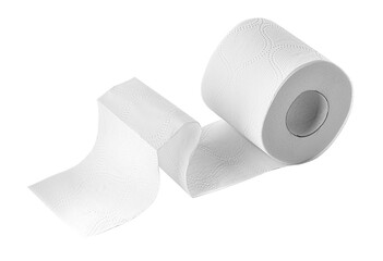 White toilet paper roll unrolling on white background