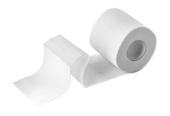White toilet paper roll unrolling on white background