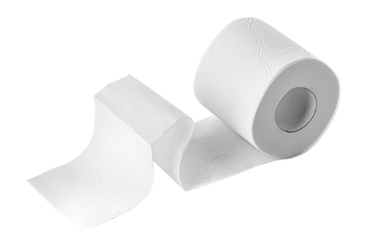 White toilet paper roll unrolling on white background