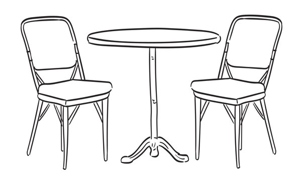 Hand drawn ink table and chairs illustrations. Italian style cafe dinner table icon drawings for wedding invitations, cafe and restaurant menus and parties decoration. Sketch doodle style drawing.