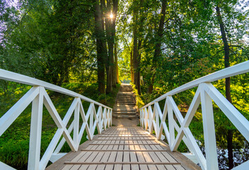 Bridge and road in the Mikhailovskoye museum-estate in the Pushkin Mountains, Pskov region, Russia