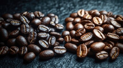 A pile of coffee beans sitting on a table, perfect for adding to your morning routine or as a decorative accent