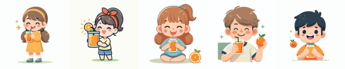 vector set of kids drinking orange juice