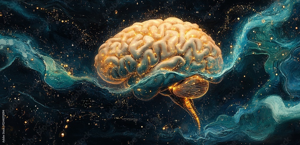 Poster abstract representation of a human brain surrounded by cosmic elements illuminating the connection b