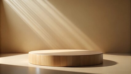 Sunlit Wooden Round Display Platform on Neutral Background