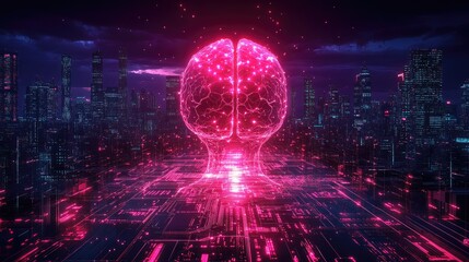Fototapeta premium A futuristic digital brain surrounded by a vibrant cityscape and circuitry.