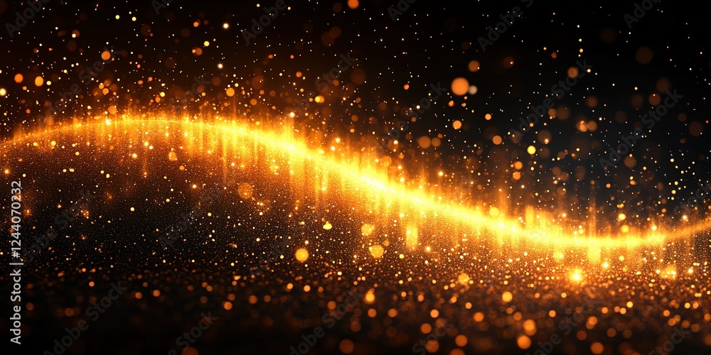Poster bright golden particles create a shimmering wave pattern against a dark background