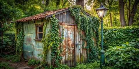 Rustic Wooden Shed Overgrown with Lush Greenery and Illuminated by a Vintage Lamp Post