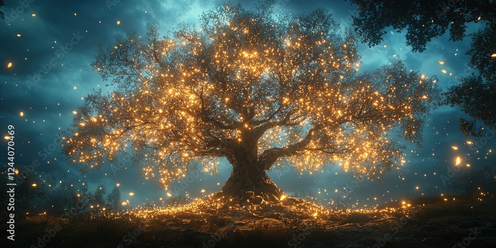 Poster illuminated tree shines in the dark forest, creating a magical atmosphere with glowing lights
