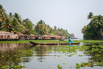 A woman paddling a small wooden boat along the backwaters of Kerala, India. Houseboats with...