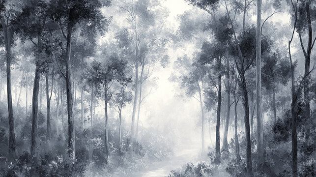 Foggy monochrome forest with soft light filtering through