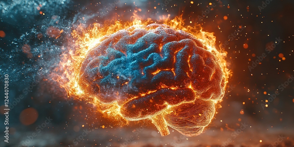 Aufkleber exploring the fiery representation of a brain amidst swirling colors and dynamic effects in a digita