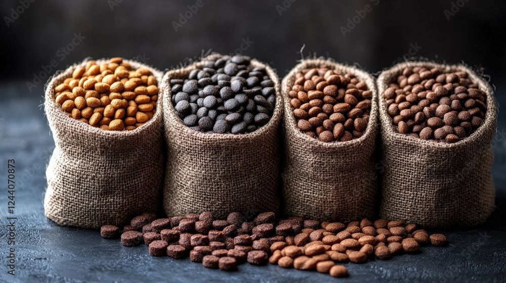 Poster assorted coffee beans and seeds in burlap sacks arranged on a textured surface
