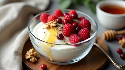 A delicious and healthy snack featuring creamy Greek yogurt, raw honey drizzle, fresh raspberries, strawberries, cranberries, walnuts, and chia seeds, presented in natural lighting.