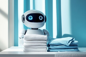 Robot assists with laundry folding in a modern, bright room during the afternoon. Generative AI