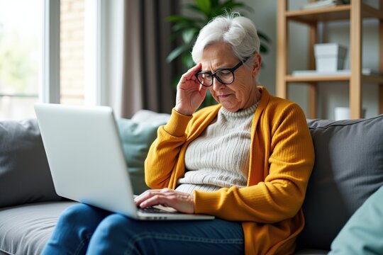 Senior Woman Working on a Laptop at Home, Deep in Thought While Processing Information in a Cozy Living Room Setting with Natural Light Streaming In