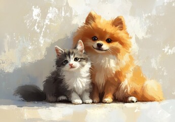Obraz premium Adorable kitten and fluffy puppy sitting together in a warm and cozy environment, showcasing friendship and joy between pets