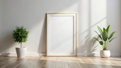 Sunlight Illuminates a Minimalist Interior with a Blank Frame and Potted Plants