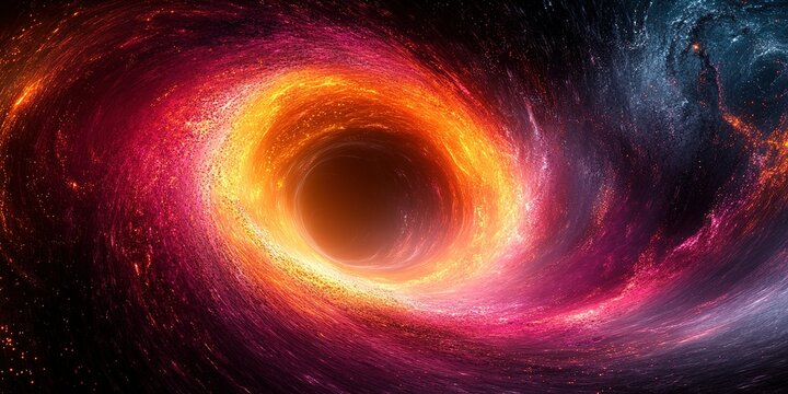Cosmic dance of a vibrant black hole surrounded by swirling galaxies and radiant cosmic dust