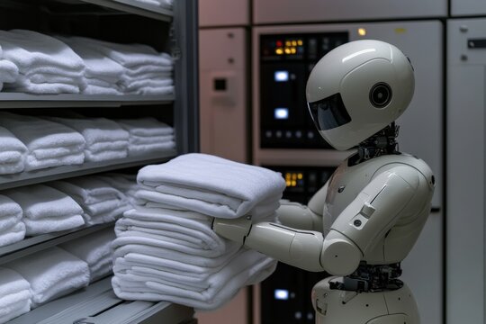 Robot efficiently folds laundry while organizing towels in a modern laundry facility during daytime hours. Generative AI