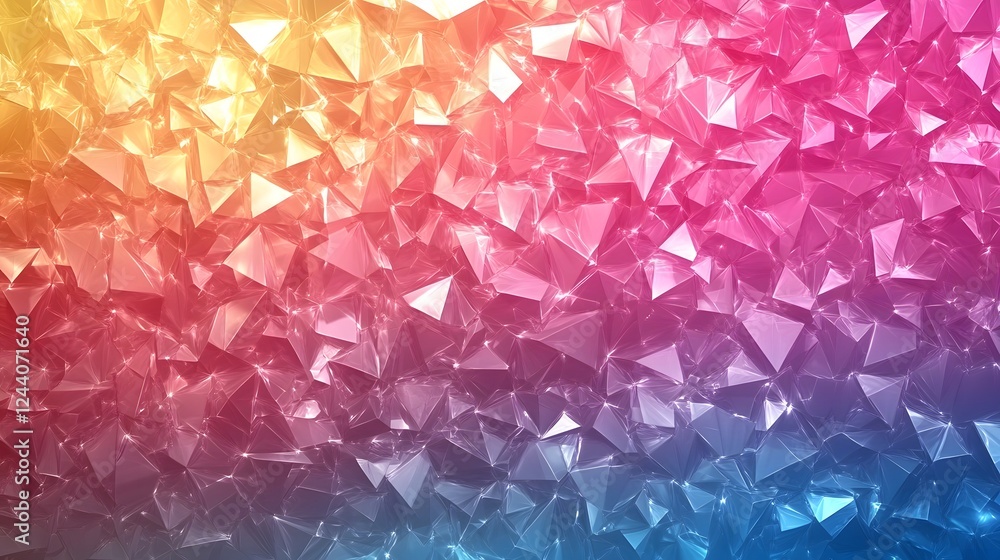 Poster Mesmerizing abstract background featuring a dynamic mosaic pattern of multicolored faceted and iridescent prismatic triangles creating a captivating kaleidoscopic effect