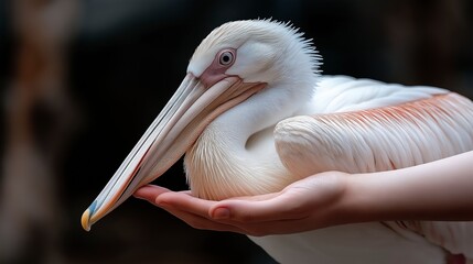 Graceful encounter with a pelican as it rests in a gentle hand during a serene afternoon at the local wildlife sanctuary. Generative AI
