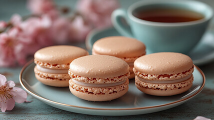 Obraz premium Enjoying delicate macarons with a cup of tea in a cozy atmosphere