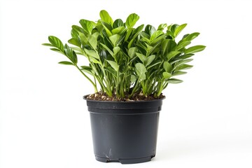 Fototapeta premium A small potted plant with bright green leaves sits on a clean white surface