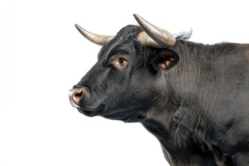 Naklejka premium A close-up shot of a black bull's head with prominent horns