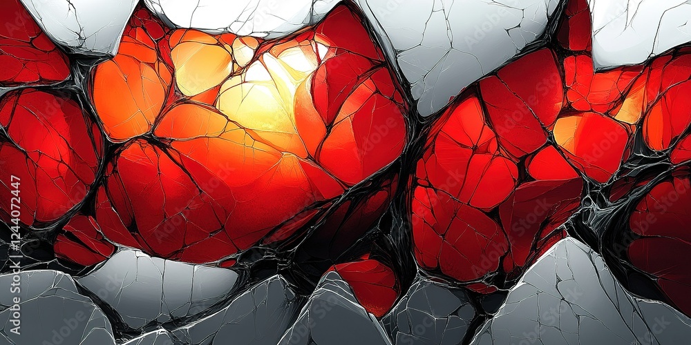 Poster abstract red and white textured surface resembling cracks on colorful glowing material in a creative