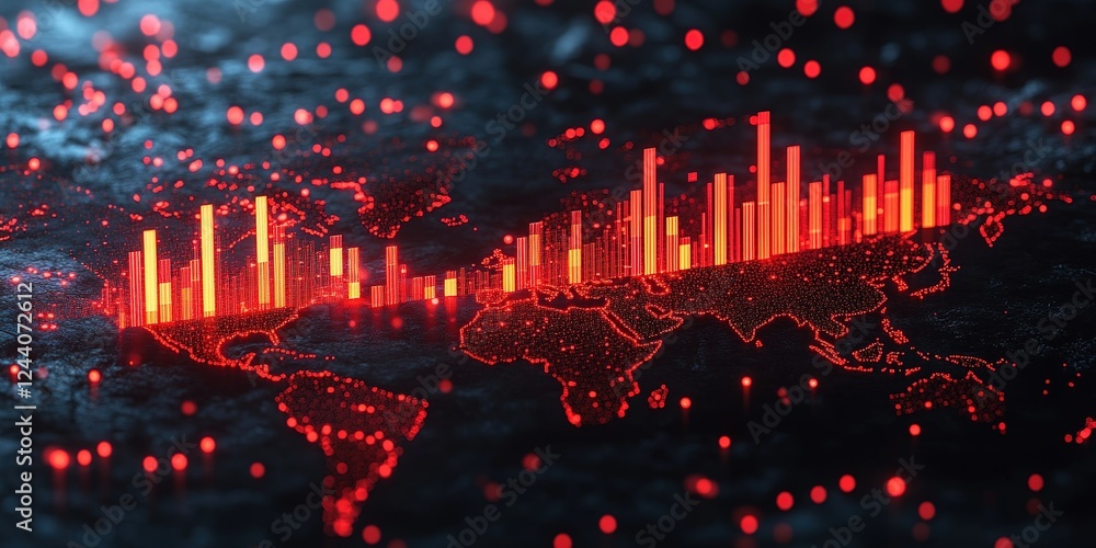 Poster visual representation of global data trends with bright red bar graphs on a dark world map backdrop