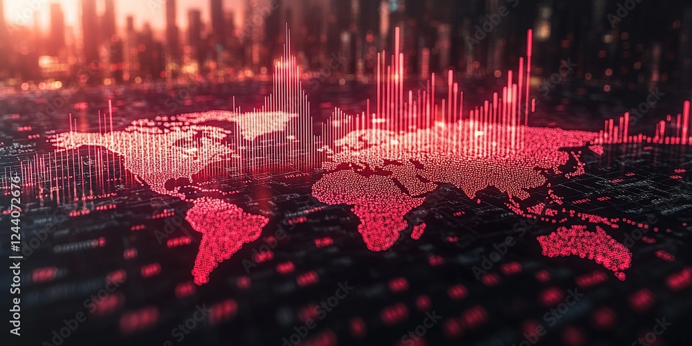 Poster global digital map displaying data trends and analytics in vibrant red at sunset